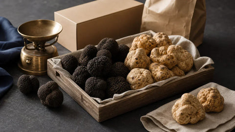 Fresh black and white truffles arranged with refined packaging for seasonal selection and delivery in France