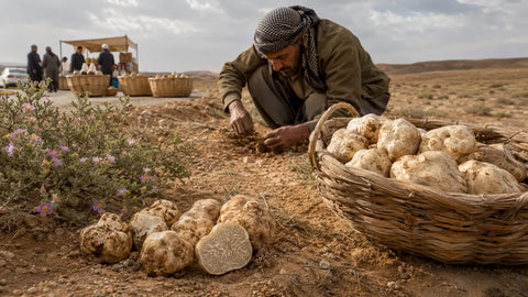 AI-generated editorial illustration about desert truffles in Iran, not a photograph of a verified species, location, harvest or trade event