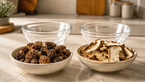 Dried morels and sliced dried porcini in separate bowls with glass bowls for rehydration