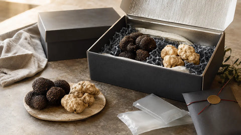 Fresh black and white truffles prepared in chilled packaging for delivery to customers in Spain