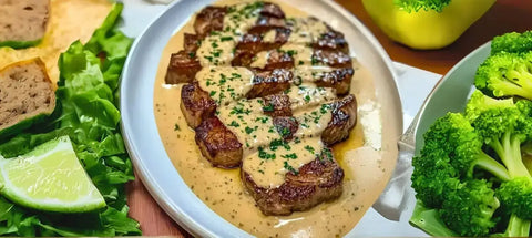 Delicious steak with truffle cream sauce and savory sides in a gourmet presentation.
