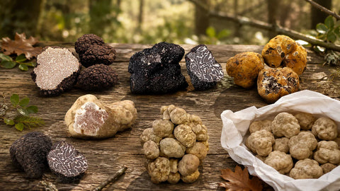 Authentic white and black truffle specimens arranged on a woodland table for the Terra Ross truffle season calendar