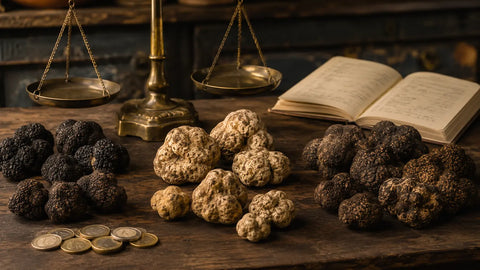 Editorial arrangement of fresh white and black truffles with a brass scale illustrating truffle price comparisons in 2026