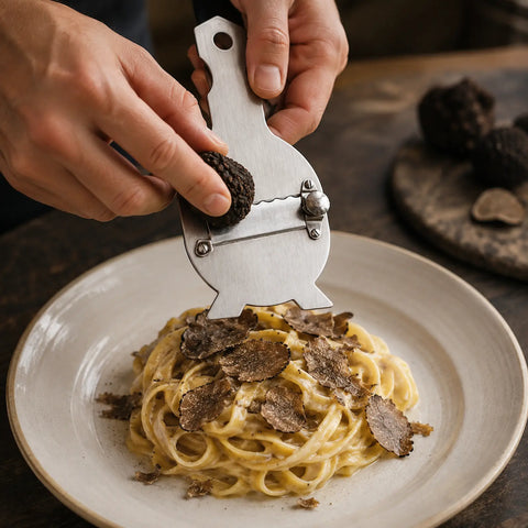 温かいパスタに薄くスライスしたフレッシュトリュフを添える調節式ステンレス製トリュフスライサー