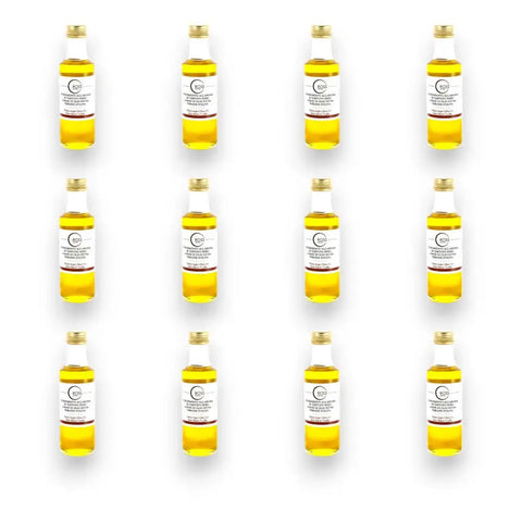 16-pack of clear plastic bottles with golden-yellow extra virgin olive oil infused with black truffle