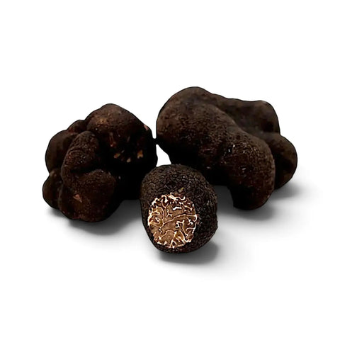 Fresh Tuber brumale A Grade Black Winter Truffles with one cut specimen showing the naturally marbled dark interior