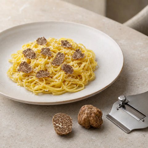 Fresh Tuber borchii shaved over warm pasta with butter and mild cheese