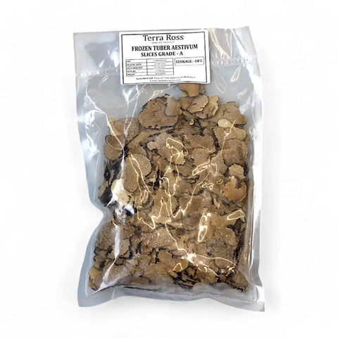 Bag of frozen summer truffle slices from Tuber Aestivum, premium summer truffle product