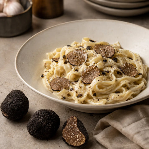 Frozen Tuber brumale served over creamy tagliatelle with a cut truffle and whole truffles beside the bowl