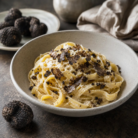 Frozen Tuber melanosporum served over creamy pasta in a refined culinary presentation