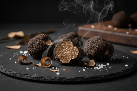 Black truffles on a dark surface with smoke effect
