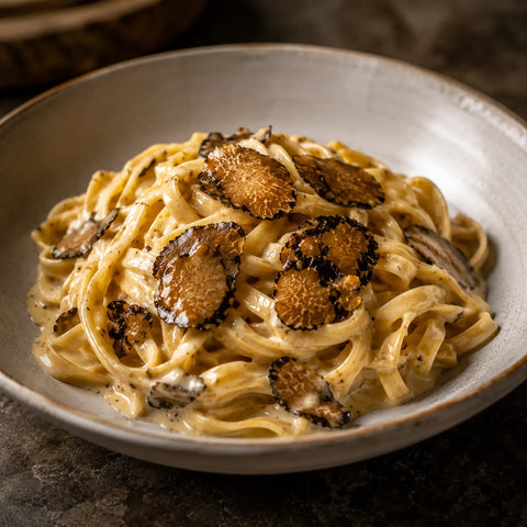 Tuber aestivum summer truffle carpaccio slices served over creamy tagliatelle