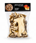 Terra Ross dried wild ceps porcini mushrooms in a clear plastic bag with black label featuring boletus branding