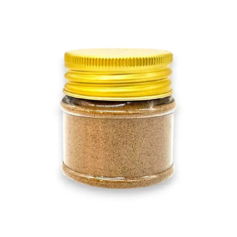 Golden spice jar with yellow lid and metallic texture for Tuber Aestivum truffle powder