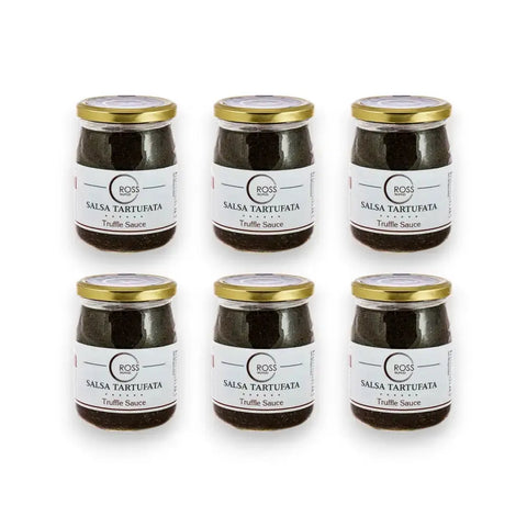 Six-pack of Ross Salsa Tartufata truffle sauce jars with black and gold labels