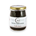 Truffle sauce jar with gold lid and label, Salsa Tartufata with black contents