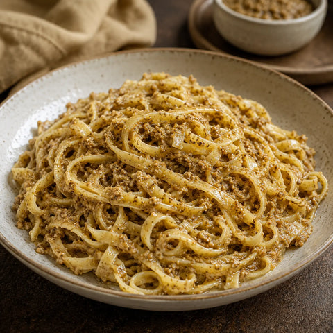Tuber borchiiを配合したホワイト・タルトゥファータ・ソースを温かいパスタに加えた料理