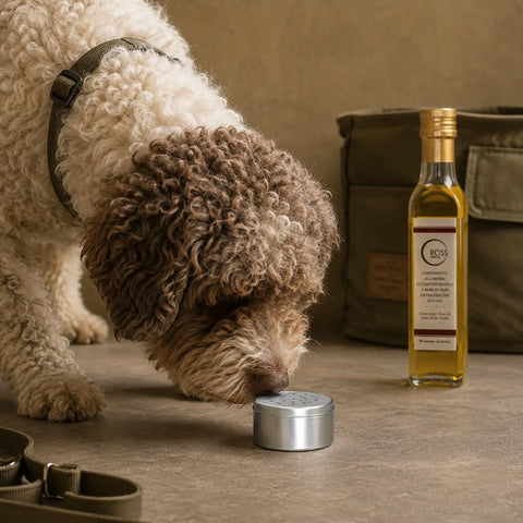 Truffle dog investigating a concealed scent container during white truffle aroma training